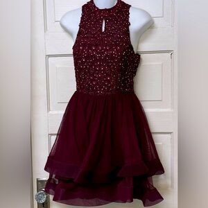 Jodi Kristopher size 3 Burgundy HOCO dress Jeweled/Open Back